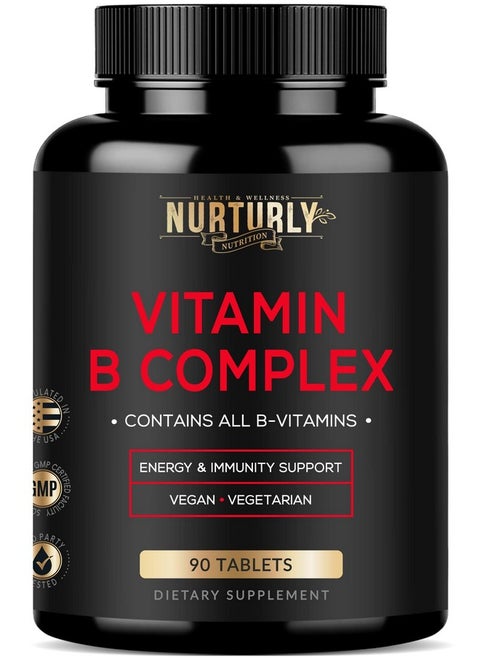 NURTURLY Vitamin B Complex - Contains All Essential B Vitamins - B1, B2, B3, B5, B6, B7, B9, B12 and Biotin - Super B Complex Vitamins for Energy, Immunity and Mood Support - 90 Tablets