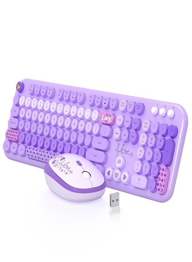 MOFII Keyboard and Mouse Wireless, 104 Round Keys Lovely Full-Size Cute Colorful Keyboard and Mouse with Retro Typewriter for PC/Mac/Laptop/Tablet/Computer/Windows Purple - Image 1