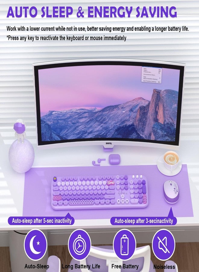 MOFII Keyboard and Mouse Wireless, 104 Round Keys Lovely Full-Size Cute Colorful Keyboard and Mouse with Retro Typewriter for PC/Mac/Laptop/Tablet/Computer/Windows Purple - Image 5