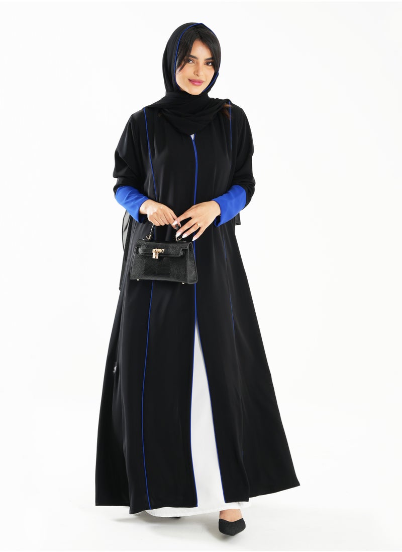 Rosette Abaya Open Abaya with Blue Piping Long Sleeves  - Image 1