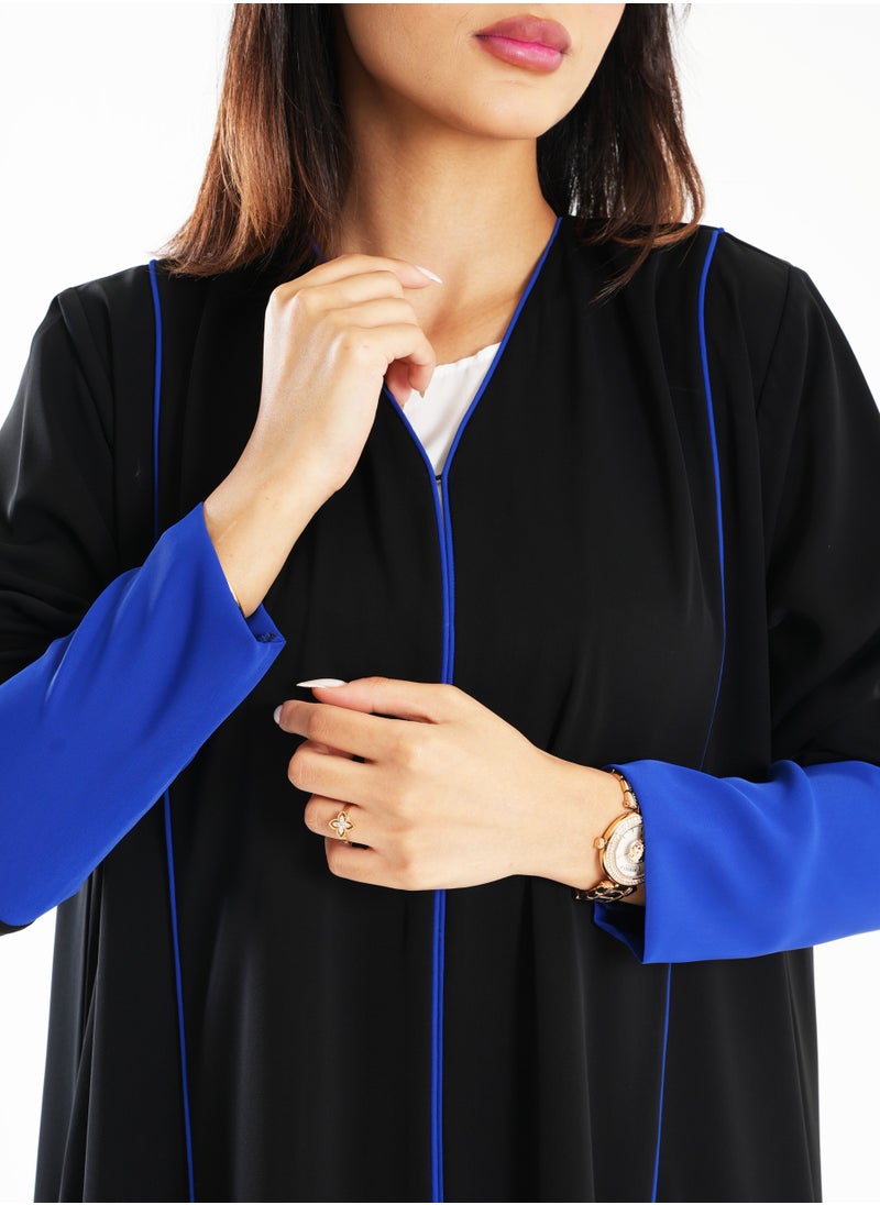 Rosette Abaya Open Abaya with Blue Piping Long Sleeves  - Image 2