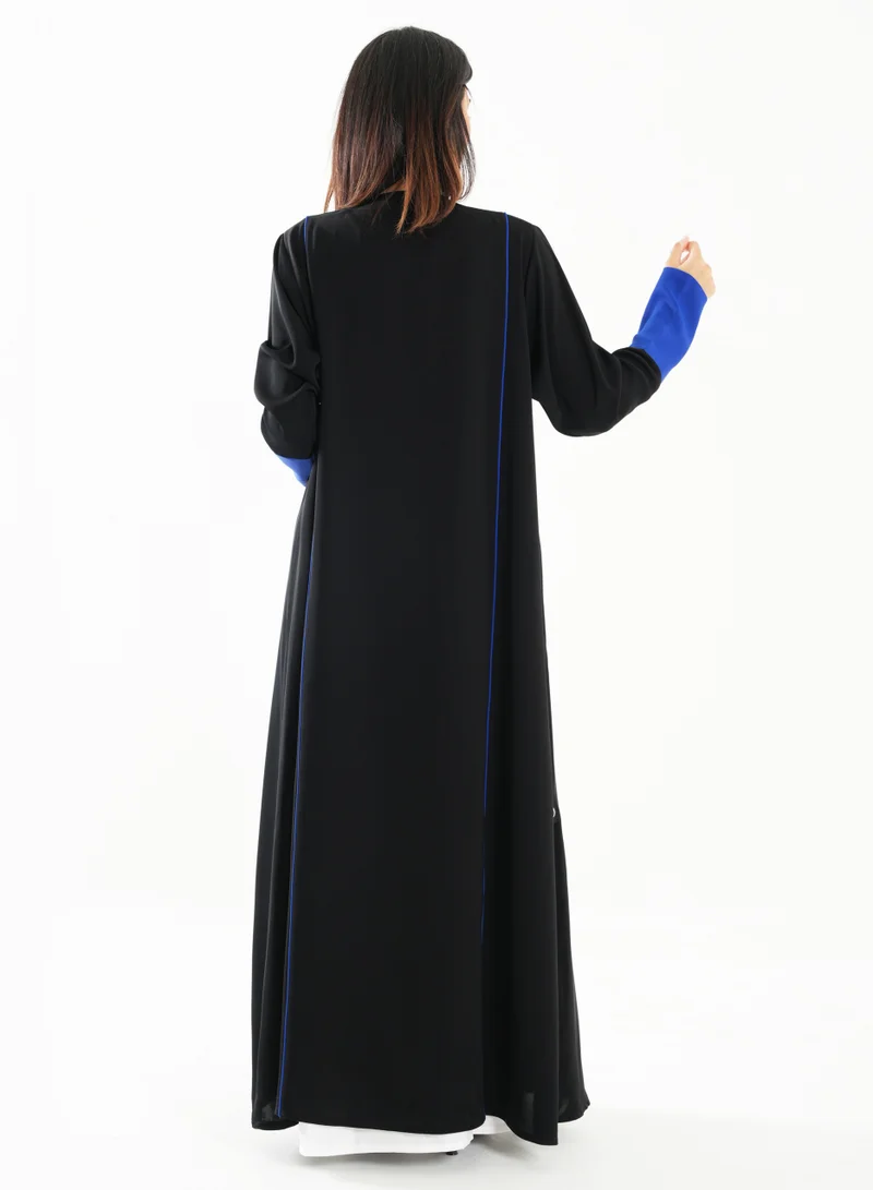 Rosette Abaya Open Abaya with Blue Piping Long Sleeves