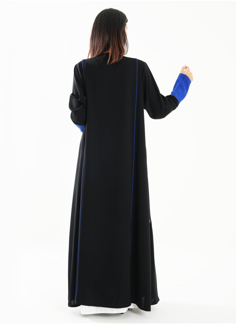 Rosette Abaya Open Abaya with Blue Piping Long Sleeves  - Image 3