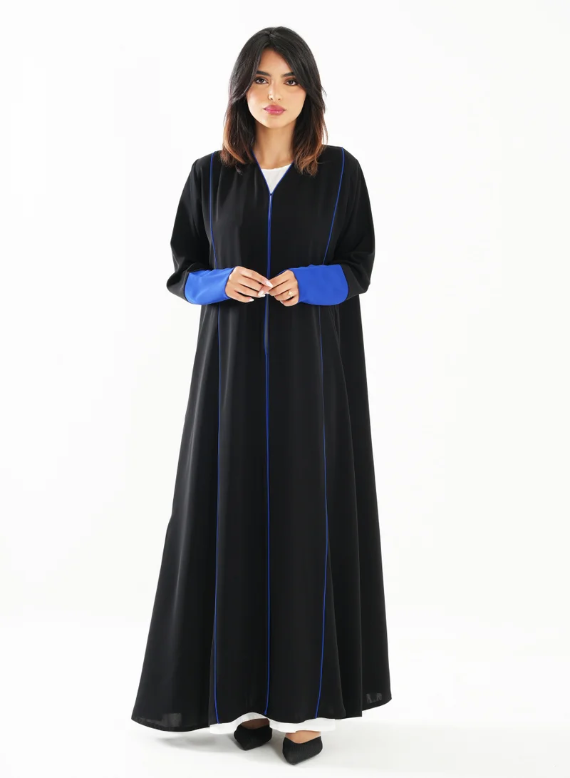 Rosette Abaya Open Abaya with Blue Piping Long Sleeves