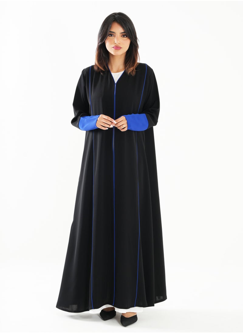 Rosette Abaya Open Abaya with Blue Piping Long Sleeves  - Image 4