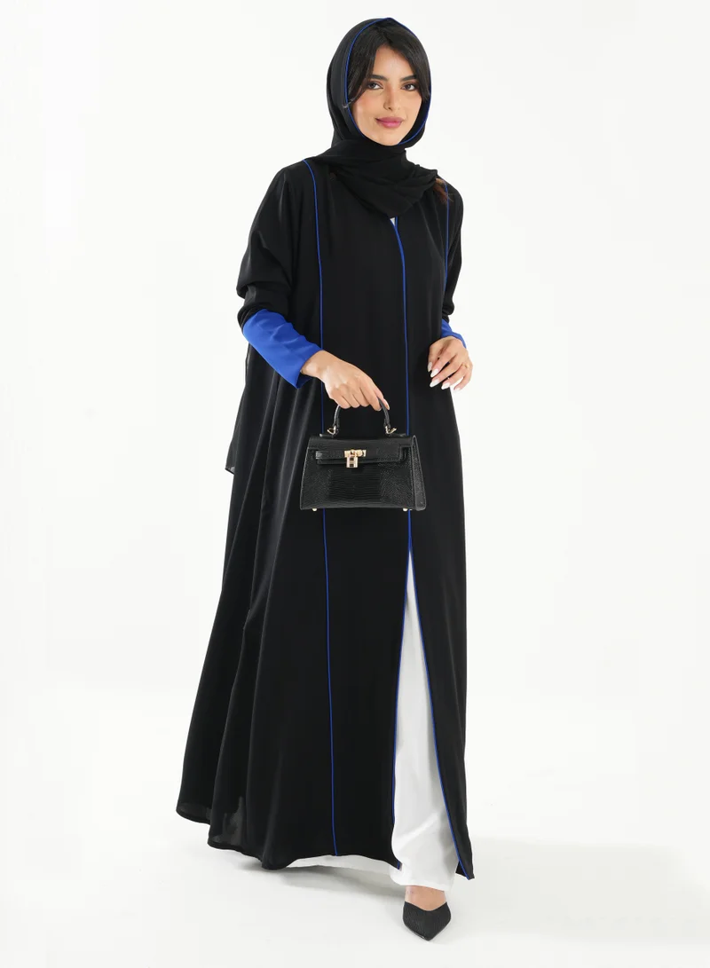 Rosette Abaya Open Abaya with Blue Piping Long Sleeves