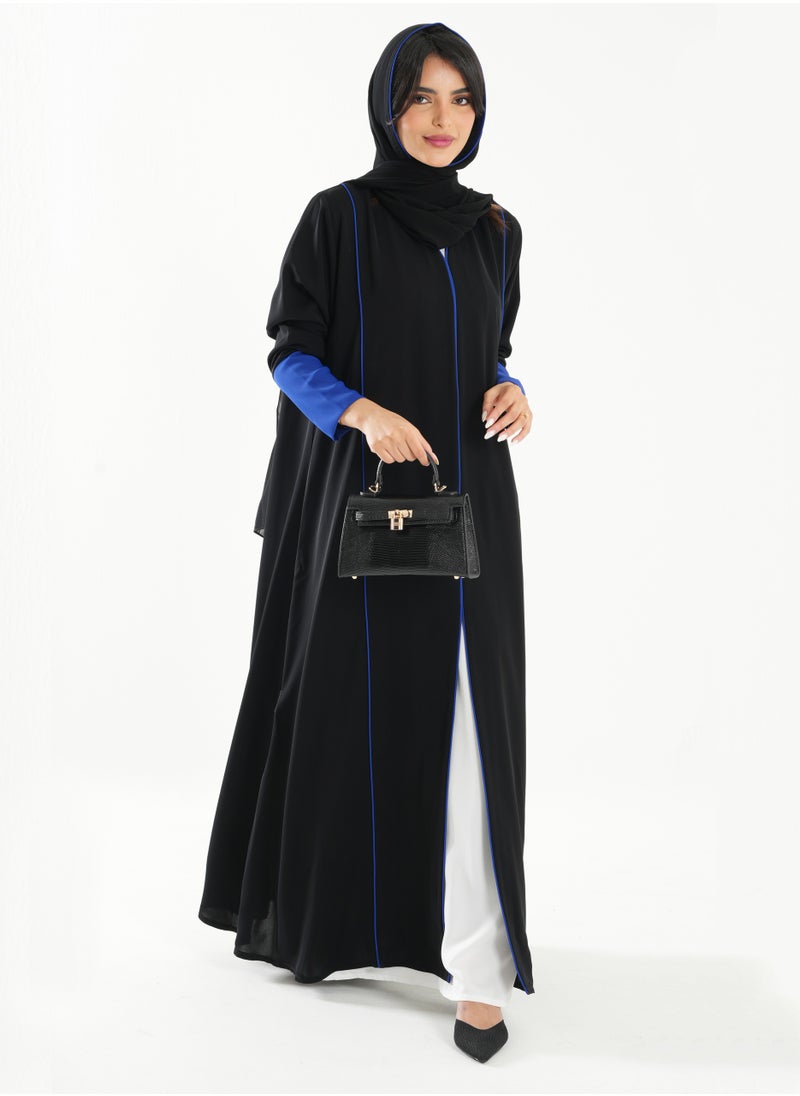 Rosette Abaya Open Abaya with Blue Piping Long Sleeves  - Image 5