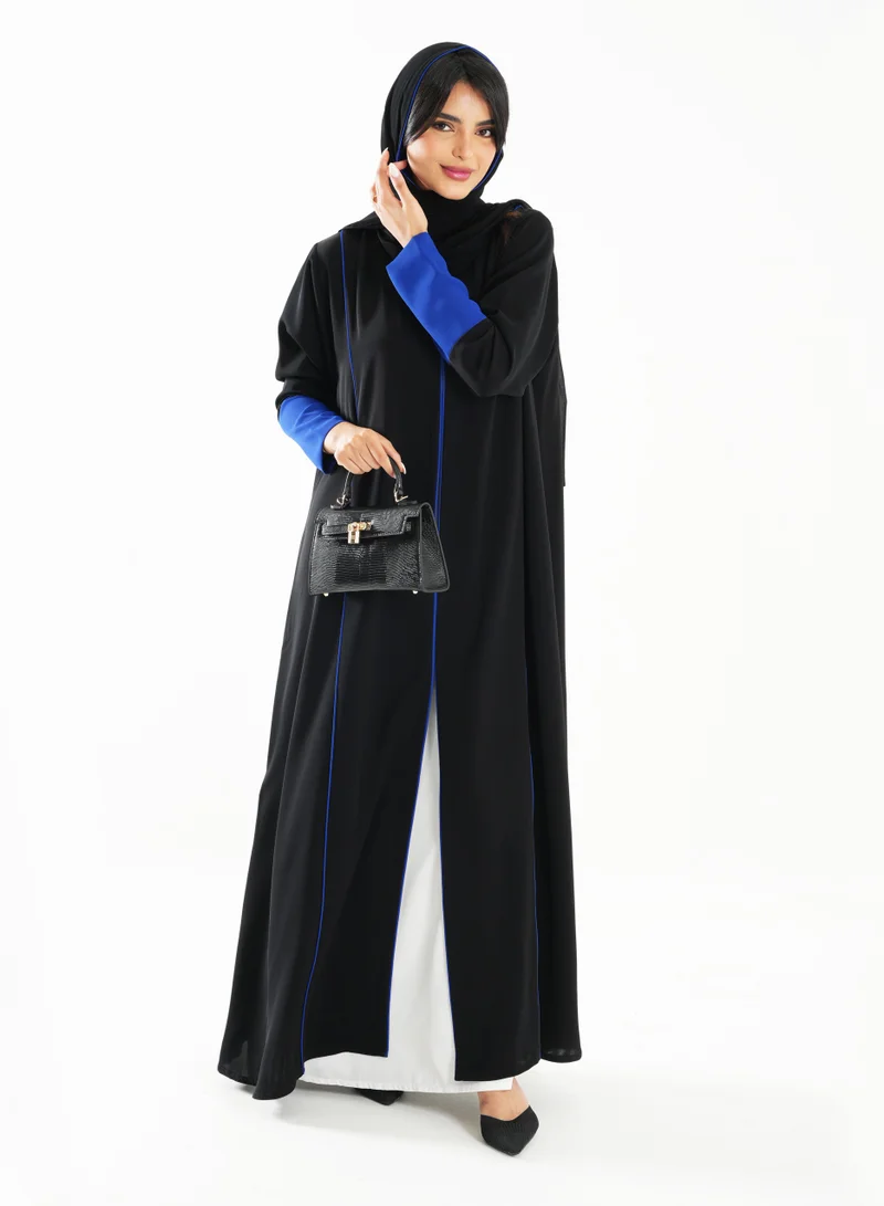 Rosette Abaya Open Abaya with Blue Piping Long Sleeves