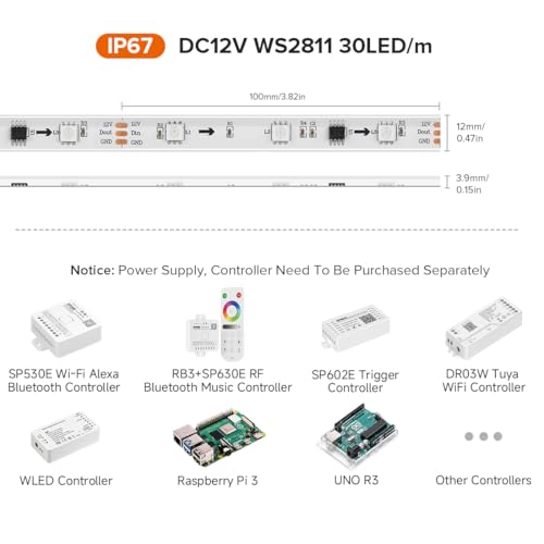 BTF-LIGHTING WS2811 IC=RGB+IC Addressable Dream Color LED Strip 16.4FT 30LEDs/m 10Pixels/m IP67 Waterproof White PCB Flexible DC12V Chasing Effect for Home Indoor Decor(No Adapter or Controller) - Image 2