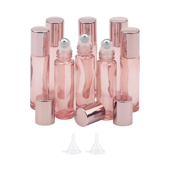 8 PACK 10ML13 OZ GLASS ROLLER BOTTLES FOR ESSENTIAL OILS PERFUME ROSE GOLD ROLL ON VIALS WITH 2 FUNNELS TRAVEL REFILLABLE LEAK PROOF ROLLERBALL APPLICATOR DIY CRAFT PRETTY CONTAINERS