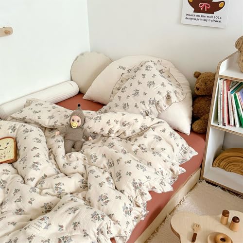 AOJIM Kids Cotton Muslin Duvet Cover with Floral Patterns, 1pc Super Soft Toddler Bedding Comforter Cover 2-Layer Gauze 47X59'', Ruffled Edges Print Duvet Protector for Girls Boys, No Quilt or Pillow - Image 2