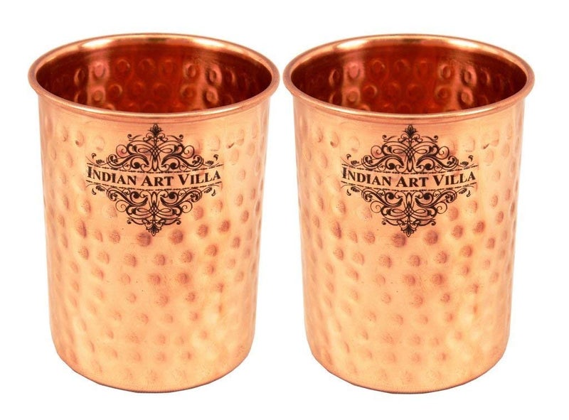 INDIAN ART VILLA Hammered Copper Glass Tumbler Drinkware Serveware Set 250 ML Set of 2 - Image 4