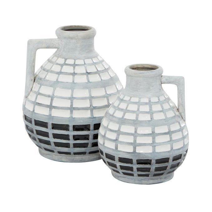 CERAMIC HANDMADE DECORATIVE VASE CENTERPIECE VASES WITH GRID PATTERN SET OF 2 FLOWER VASES FOR HOME DECORATION 8 7H GRAY