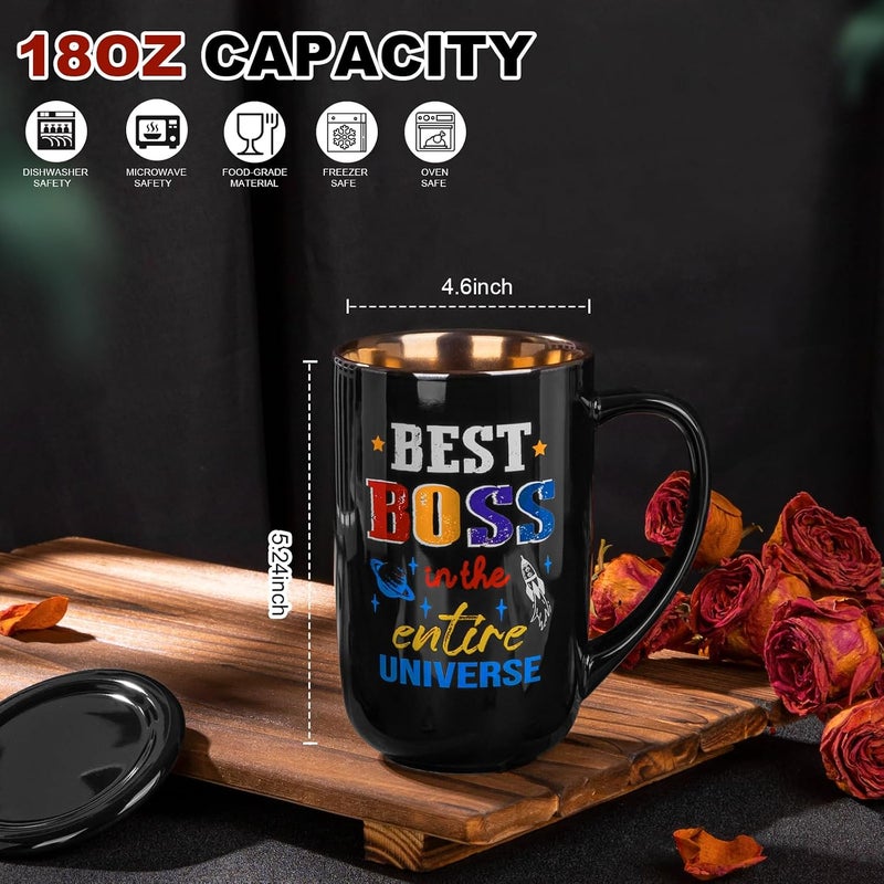 ALBISS Varied available picks Boss Gifts for Men Women, Funny Print Best Boss in The Entire Universe Office Appreciation，Christmas，Birthday Gifts for Bosses，Bosslady -18oz Large Black Ceramic Coffee Mug Set Whit Lid，Card，Gift Box Globally trusted quality - Image 2