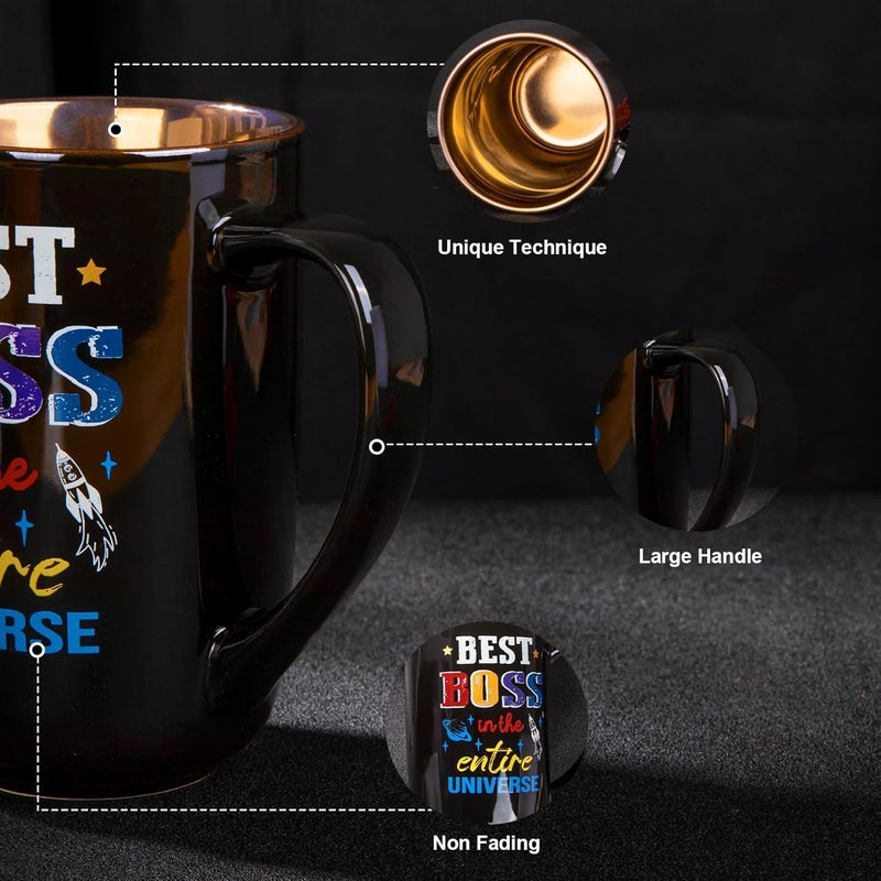 ALBISS Varied available picks Boss Gifts for Men Women, Funny Print Best Boss in The Entire Universe Office Appreciation，Christmas，Birthday Gifts for Bosses，Bosslady -18oz Large Black Ceramic Coffee Mug Set Whit Lid，Card，Gift Box Globally trusted quality - Image 3