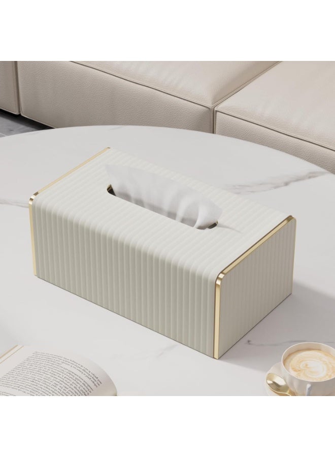 Decorative Leather Tissue Box Cover, White Rectangle Leather Tissue Box Holder with Gold-Tone Edging Decoration,Decorative Tissue Cover for Bathroom Toilet Bedroom Living Room Table Desk Office - Image 3