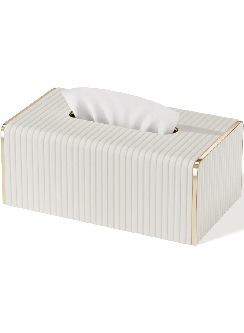 Decorative Leather Tissue Box Cover, White Rectangle Leather Tissue Box Holder with Gold-Tone Edging Decoration,Decorative Tissue Cover for Bathroom Toilet Bedroom Living Room Table Desk Office - Image 1