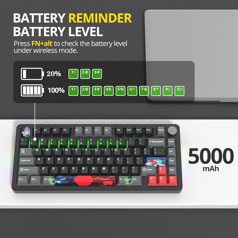 surmen M75 75% Wireless Creamy Keyboard with Joint, Bluetooth Mechanical Gaming Keyboard Prelubrized BT5.0/2.4Ghz/USB with Sound Absorbing Pads Hot Swap - Image 5