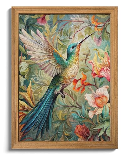 AKWISH Framed Vintage 3D Textured Wall Art Colorful Hummingbird Floral Wall Decor Hand Painted Sandstone Nature Botanical Picture for Living Room Bedroom Home Decor 12x16 inch - Image 1
