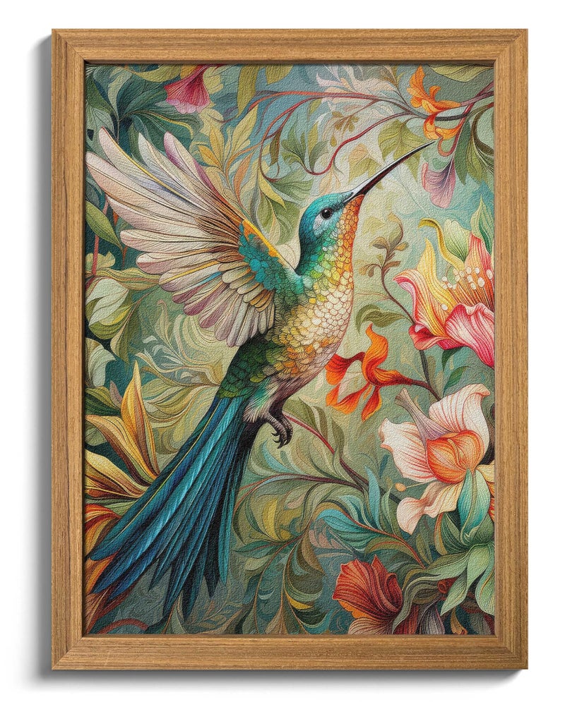 AKWISH Framed Vintage 3D Textured Wall Art Colorful Hummingbird Floral Wall Decor Hand Painted Sandstone Nature Botanical Picture for Living Room Bedroom Home Decor 12x16 inch - Image 2