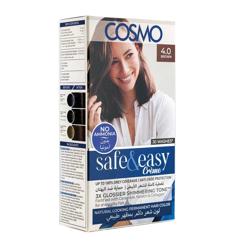 COSMO Safe & Easy No Ammonia 4.0 Brown Permanent Intense Creme Hair Color Kit - Rich Pigment Formula for Vibrant, Fade-Resistant Results – Gentle, Nourishing Ingredients for Smooth, Healthy-Looking Hair, 3X Glossier Shimmering Tone - Image 1