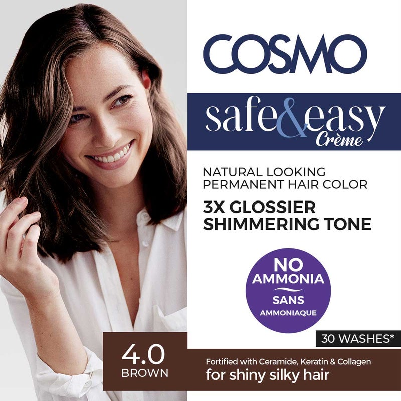 COSMO Safe & Easy No Ammonia 4.0 Brown Permanent Intense Creme Hair Color Kit - Rich Pigment Formula for Vibrant, Fade-Resistant Results – Gentle, Nourishing Ingredients for Smooth, Healthy-Looking Hair, 3X Glossier Shimmering Tone - Image 2
