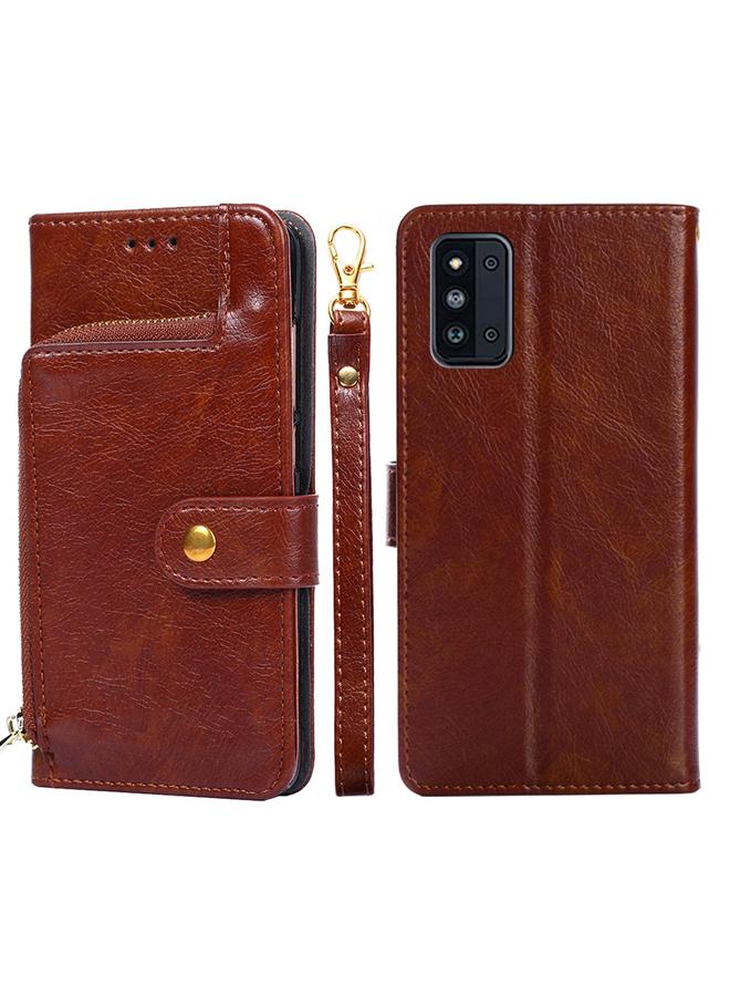 اس-توب جراب لهاتف Samsung Galaxy F52 5G مصنوع من جلد البولي يوريثان الحراري مع حامل وفتحة للبطاقات ومحفظة وحبل تثبيت. ... - Image 1