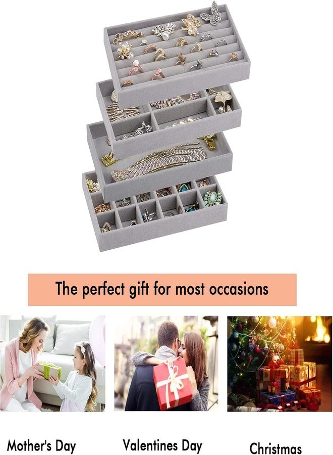 Whimsical 4 Jewellery Trays Velvet Organiser, Stackable Drawer Insert, Removable Storage for Women Girls, Ring Display Box, Grey - Image 5