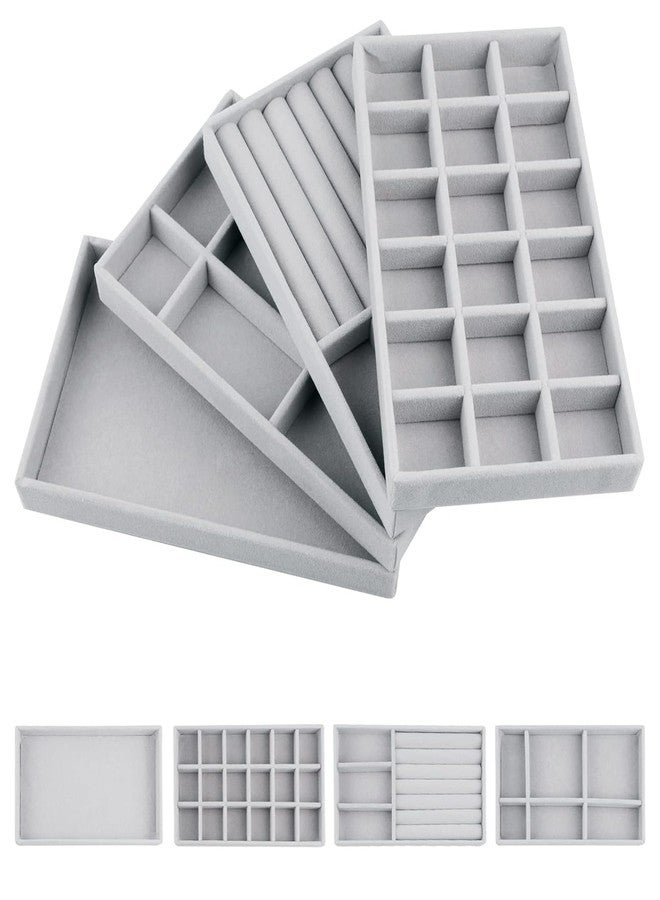 Whimsical 4 Jewellery Trays Velvet Organiser, Stackable Drawer Insert, Removable Storage for Women Girls, Ring Display Box, Grey - Image 1