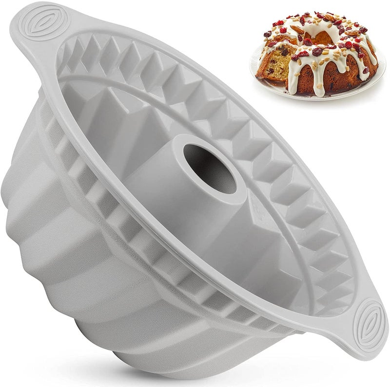 Kenond 2 PCS 95 Inch Silicone Cake Pans Nonstick Fluted Cake Pan with Sturdy Handle Cake Baking Molds Perfect Bakeware for Cake Jello Gelatin Bread Para Gelatinas Gray