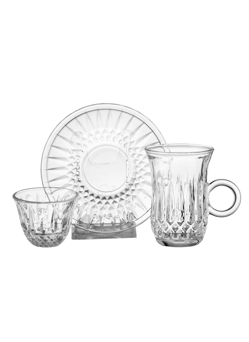 Dania 24 Pieces Clear Glass Tea Set Consists of 6 Cups with 6 Saucers with 12 Saudi Coffee Cups  - Image 1