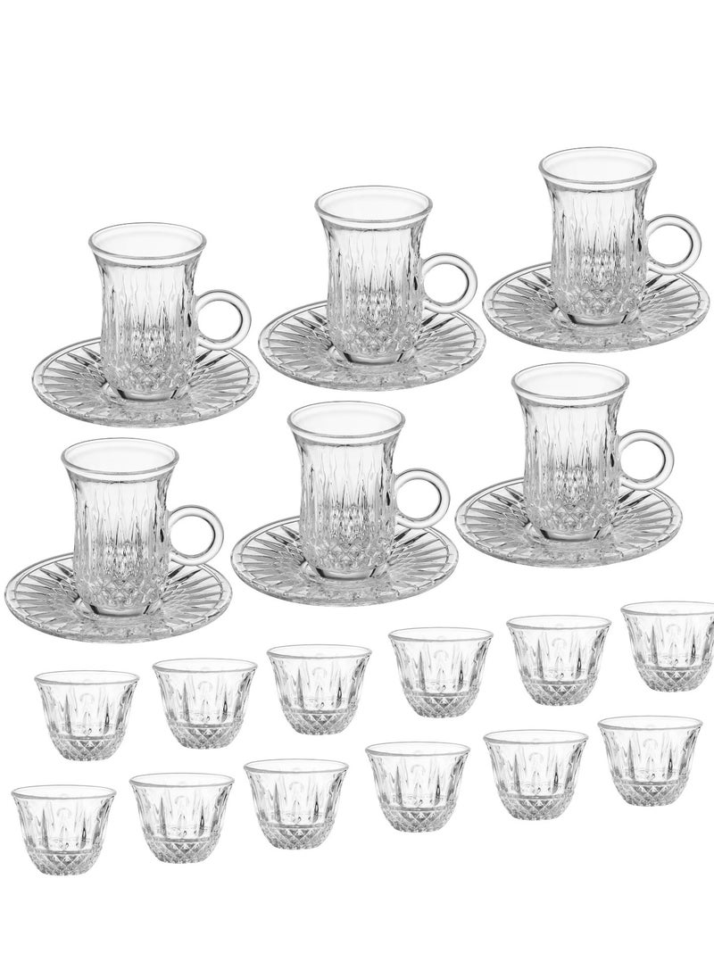 Dania 24 Pieces Clear Glass Tea Set Consists of 6 Cups with 6 Saucers with 12 Saudi Coffee Cups  - Image 2