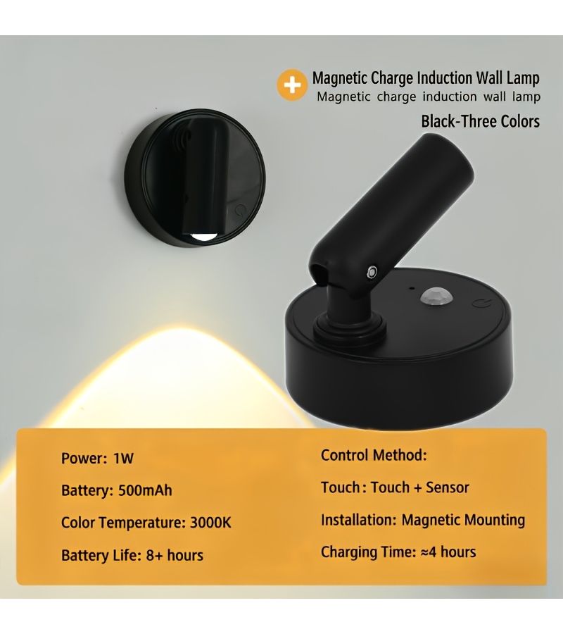 Black Dimmable Rotating Wall Light With 3 Modes Magnetic Mounting Reading Lamp - Image 1