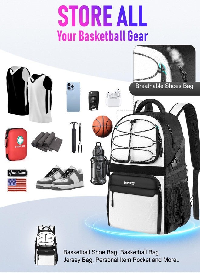LOINTET Basketball Bag Backpack with Ball Holder Shoes Compartment, Large Basketball Accessories Sports Bag More Pockets for Football, Soccer, Volleyball, Gym, Travel, White - Image 2