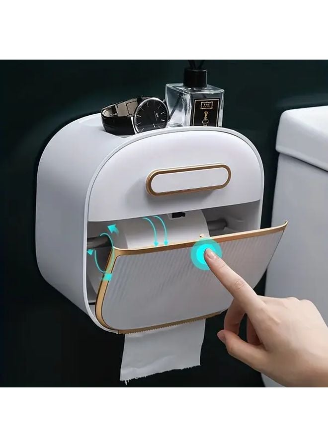White Wall Mounted Toilet Paper Holder No Drill Installation Waterproof Bathroom Storage Container - Image 3
