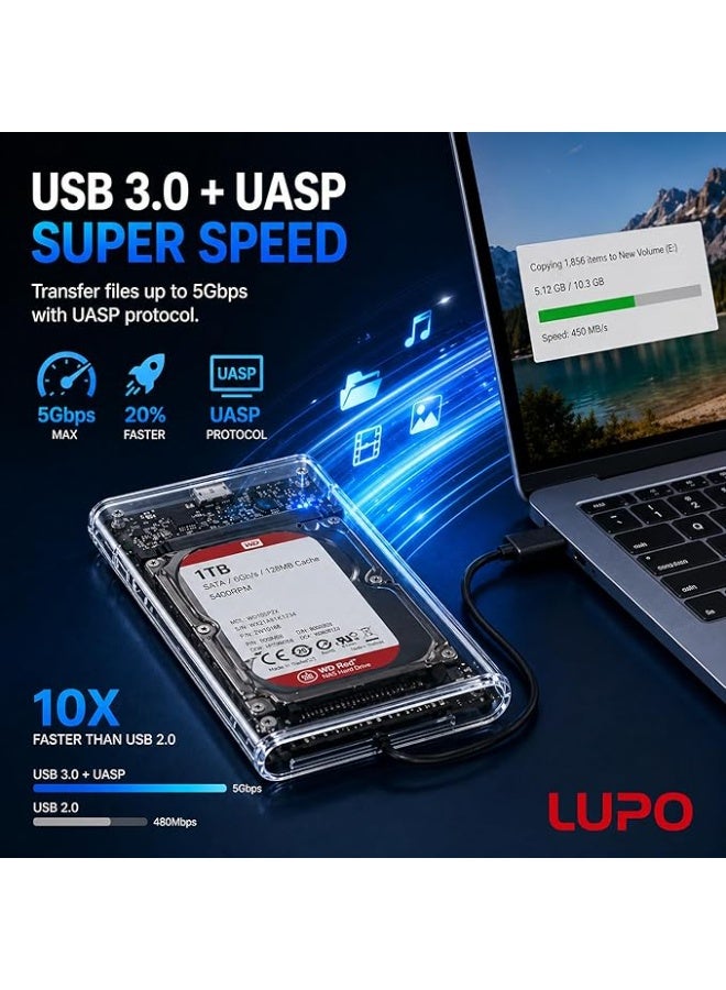 غطاء / علبة قرص صلب خارجي LUPO مقاس 2.5 بوصة HDD/SSD - منفذ USB 3.0 SATA - شفاف بدون أدوات - Image 3