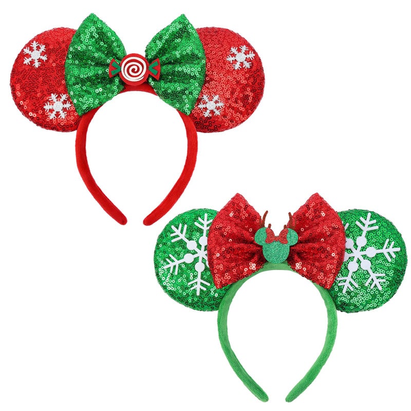 ETLUK Christmas Mouse Ears Bow Headband 2 PCS Sparkle Christmas Mouse Ears for Women Kids Christmas Headbands for Parties Decorations Peppermint Reindeer