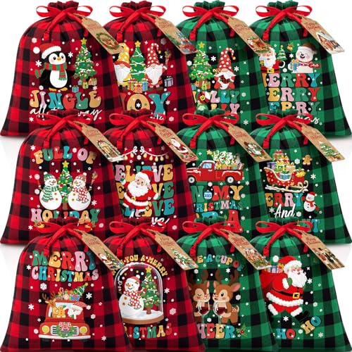 FLOE 12 PCS Burlap Christmas Drawstring Gift Bags 10x12in Buffalo Plaid Xmas Gift Bags w Tags Cotton Fabric Goody Gift Treat Bags Xmas Sacks Medium Reusable Gift Wrapping Bags for Holiday Party Favors - Image 1
