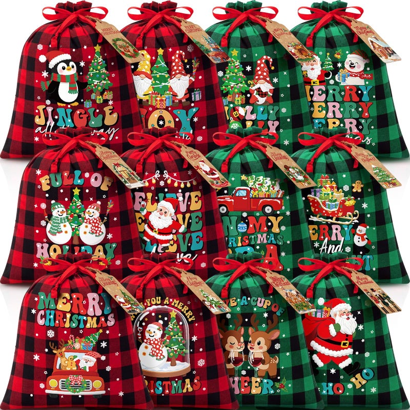 FLOE 12 PCS Burlap Christmas Drawstring Gift Bags 10x12in Buffalo Plaid Xmas Gift Bags w Tags Cotton Fabric Goody Gift Treat Bags Xmas Sacks Medium Reusable Gift Wrapping Bags for Holiday Party Favors - Image 2