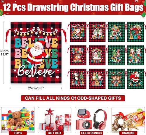 FLOE 12 PCS Burlap Christmas Drawstring Gift Bags 10x12in Buffalo Plaid Xmas Gift Bags w Tags Cotton Fabric Goody Gift Treat Bags Xmas Sacks Medium Reusable Gift Wrapping Bags for Holiday Party Favors - Image 3