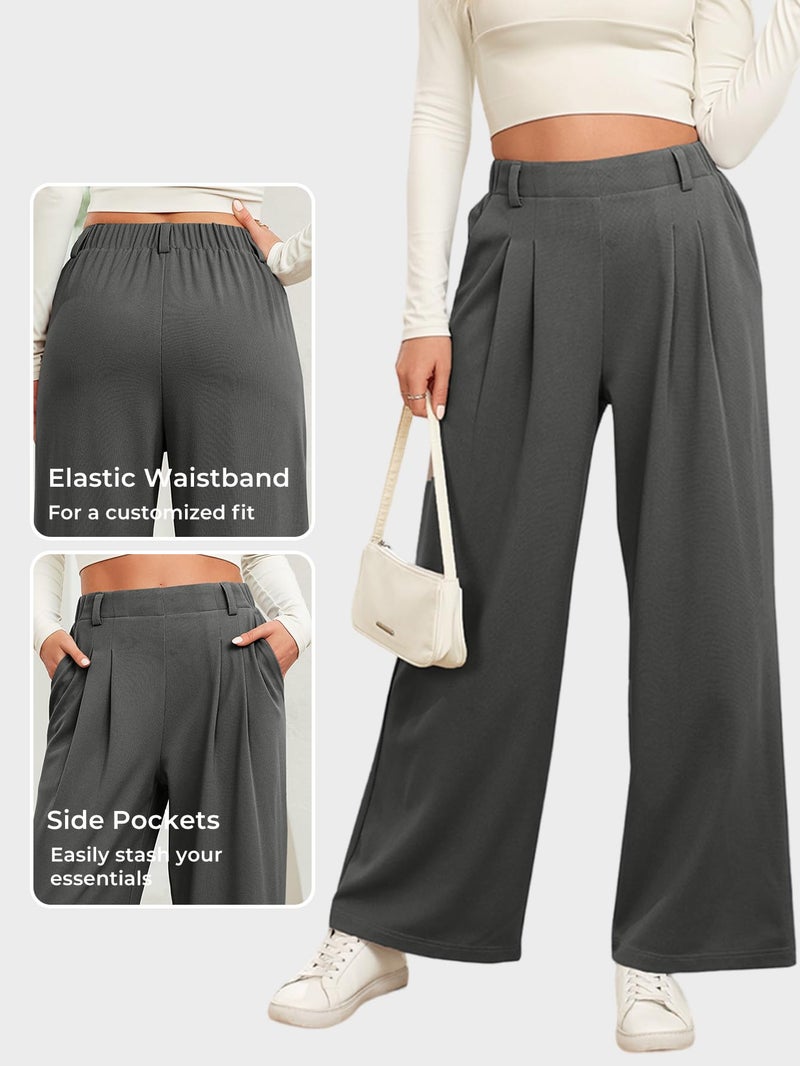 EVALESS Womens Wide Leg Pants Trendy High Waisted Work Casual Palazzo Trousers 2026 Summer Flowy Baggy Slacks for Women Waffle Knit Teacher Business Office Dress Pants with Pockets Dark Grey Medium - Image 4