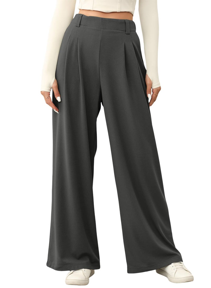 EVALESS Womens Wide Leg Pants Trendy High Waisted Work Casual Palazzo Trousers 2026 Summer Flowy Baggy Slacks for Women Waffle Knit Teacher Business Office Dress Pants with Pockets Dark Grey Medium - Image 1