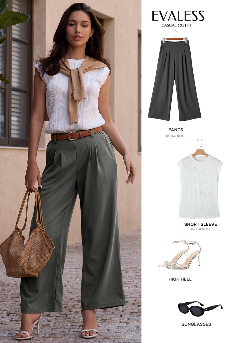 EVALESS Womens Wide Leg Pants Trendy High Waisted Work Casual Palazzo Trousers 2026 Summer Flowy Baggy Slacks for Women Waffle Knit Teacher Business Office Dress Pants with Pockets Dark Grey Medium - Image 5