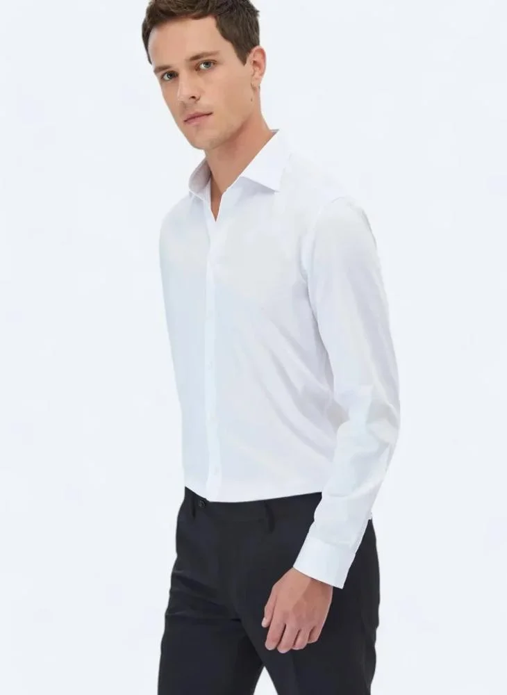 Kip White Plain Slim Fit Weaving Classical 100% Cotton Shirt