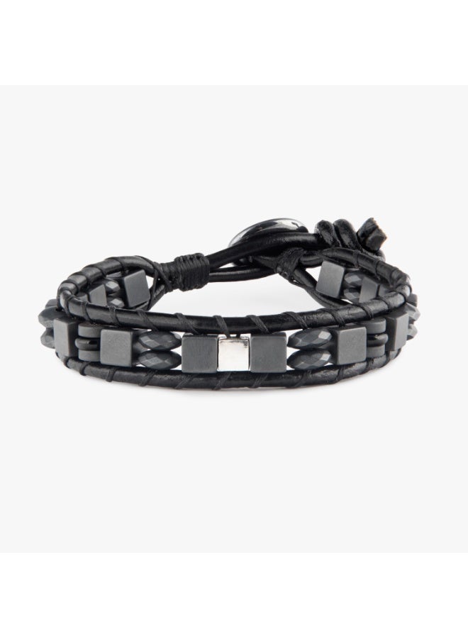 Minza “Iron” Men’s Bracelet, 925 Sterling Silver Cube Plaque, Hematite & Leather Adjustable Bracelet for Men, Handmade Jewelry for Casual & Everyday Wear. - Image 1