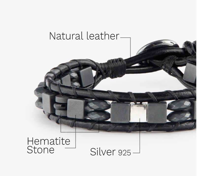 Minza “Iron” Men’s Bracelet, 925 Sterling Silver Cube Plaque, Hematite & Leather Adjustable Bracelet for Men, Handmade Jewelry for Casual & Everyday Wear. - Image 2