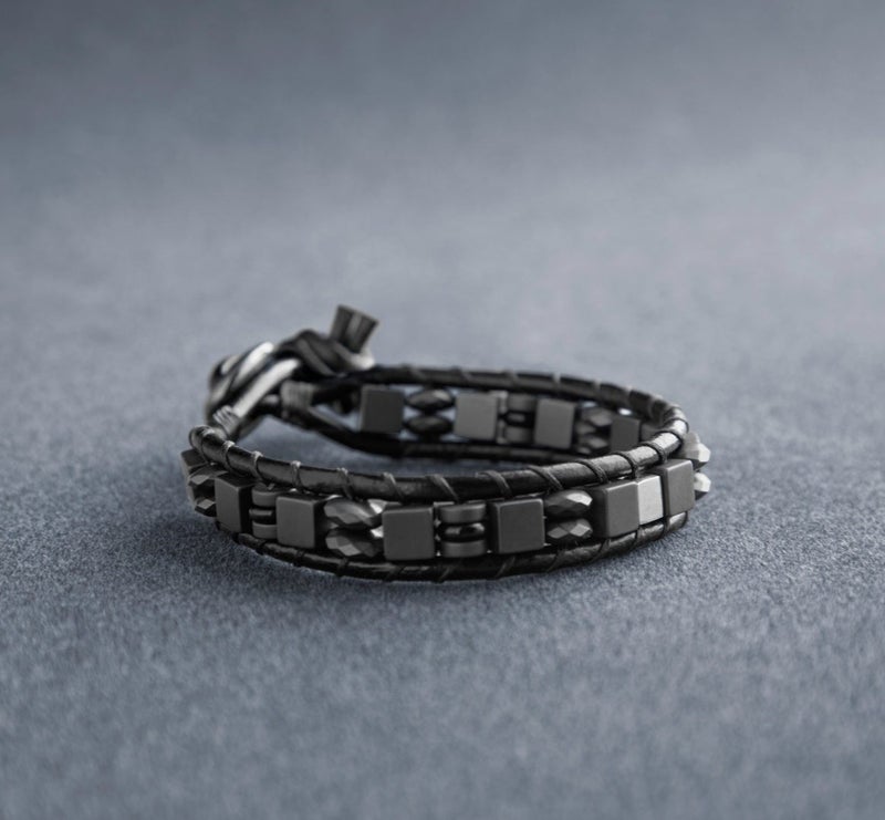Minza “Iron” Men’s Bracelet, 925 Sterling Silver Cube Plaque, Hematite & Leather Adjustable Bracelet for Men, Handmade Jewelry for Casual & Everyday Wear. - Image 4