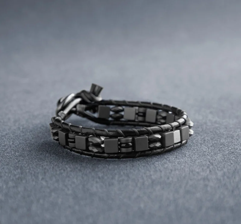 Minza  Minza “Iron” Men’s Bracelet, 925 Sterling Silver Cube Plaque, Hematite & Leather Adjustable Bracelet for Men, Handmade Jewelry for Casual & Everyday Wear. for Men | Best Price UAE