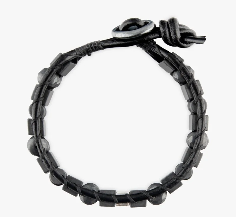 Minza  Minza “Iron” Men’s Bracelet, 925 Sterling Silver Cube Plaque, Hematite & Leather Adjustable Bracelet for Men, Handmade Jewelry for Casual & Everyday Wear. for Men | Best Price UAE