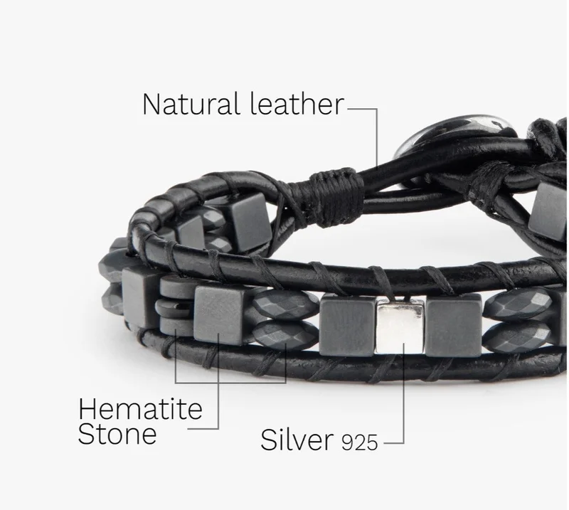 Minza  Minza “Iron” Men’s Bracelet, 925 Sterling Silver Cube Plaque, Hematite & Leather Adjustable Bracelet for Men, Handmade Jewelry for Casual & Everyday Wear. for Men | Best Price UAE